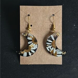 Floral Crescent Moon Earrings - Gold and Black